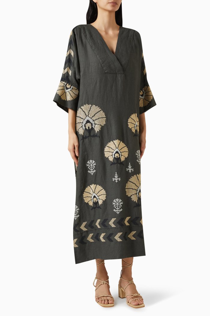 

Deep V-neck Embroidered Kaftan in Linen-blend, Green