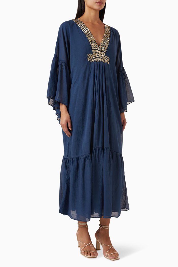 

Cyclades Ruffled Sleeve Maxi Dress in Cotton, Blue