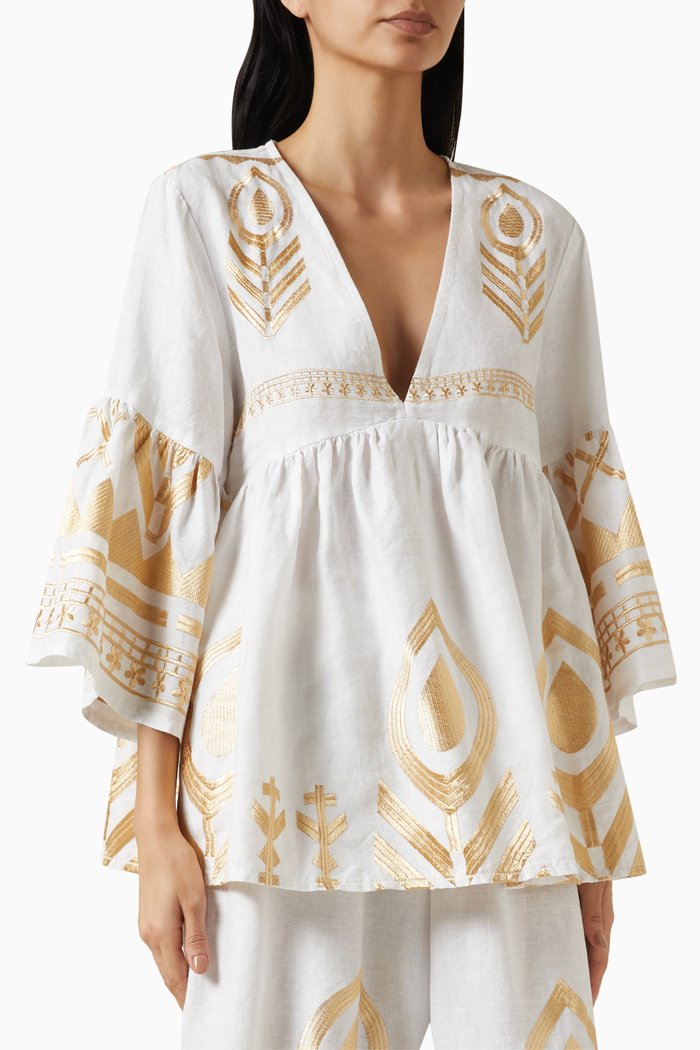 Deep V-neck Embroidered Tunic in Linen, White