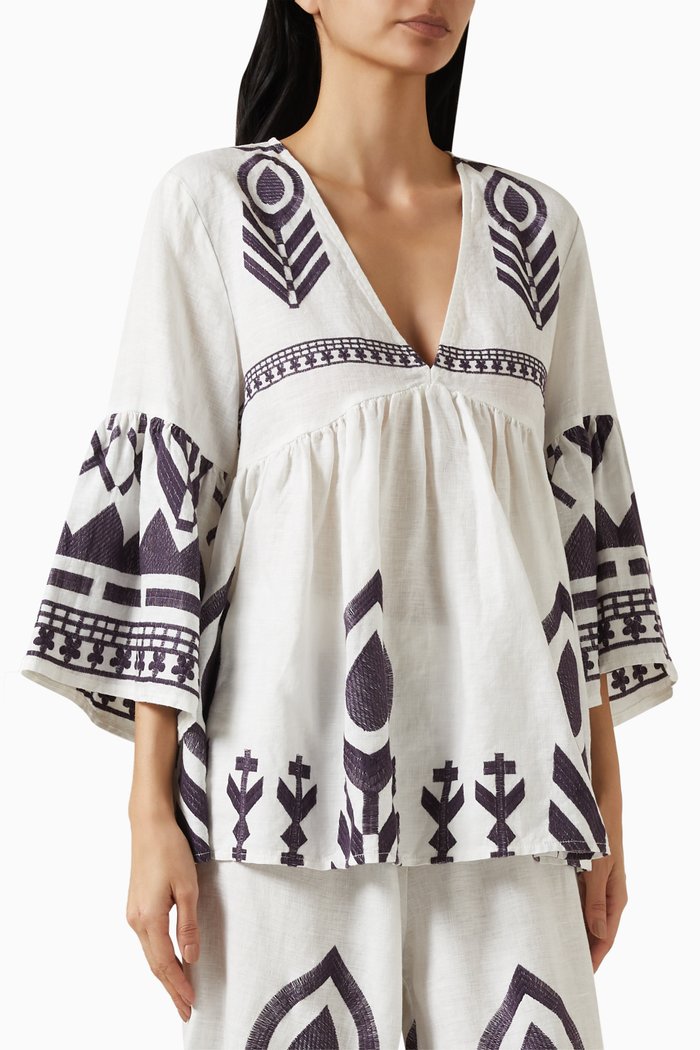 

Deep V-neck Embroidered Tunic in Linen, White