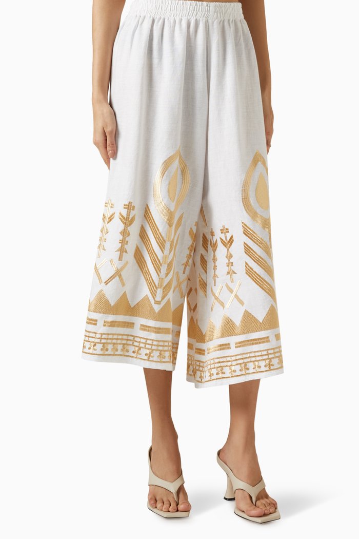 

Embroidered Feather Pants in Linen, White