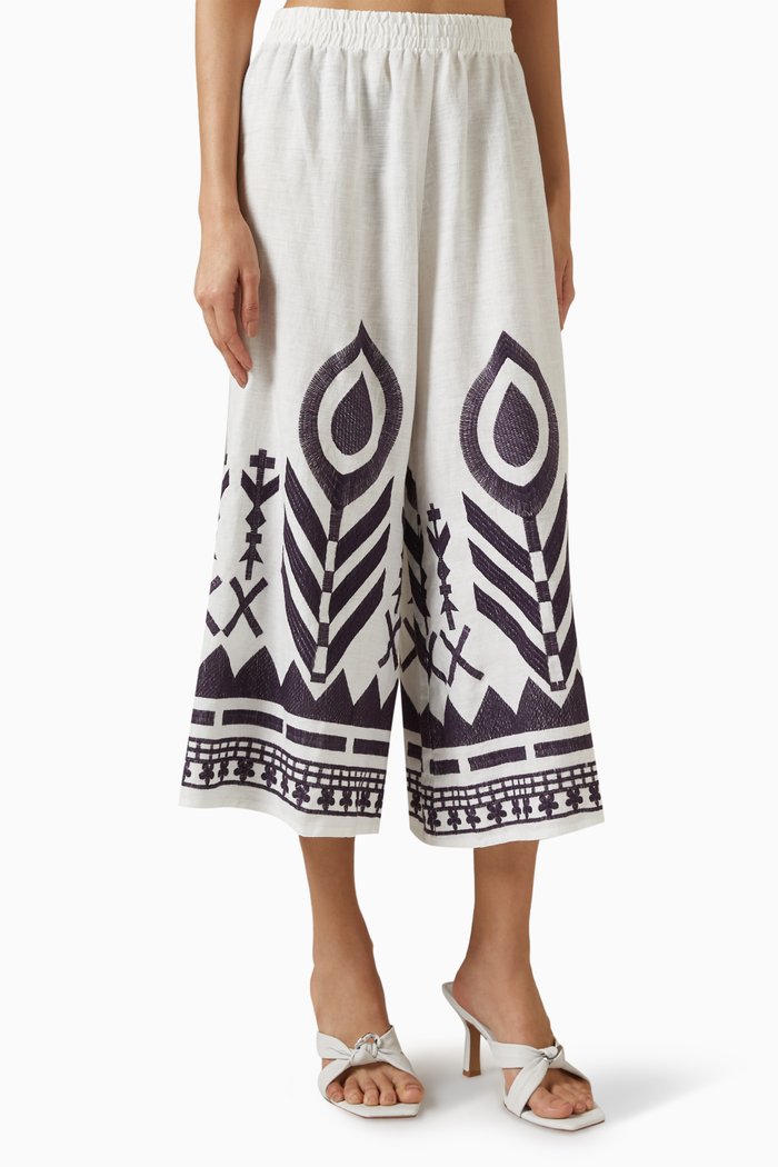 

Embroidered Feather Pants in Linen, White