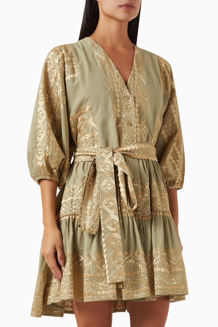 

Embroidered Mini Dress in Cotton, Green