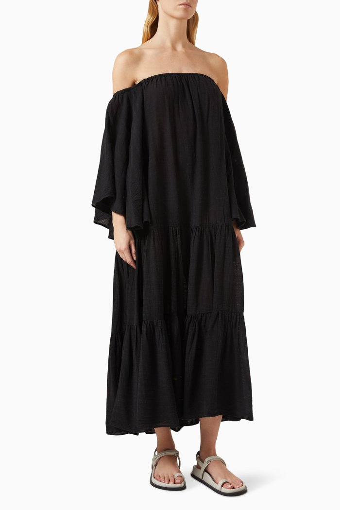 

Off-shoulder Maxi Dress in Cotton Linen-blend, Black