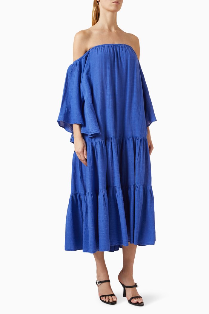 

Off-shoulder Dress in Cotton Linen-blend, Blue