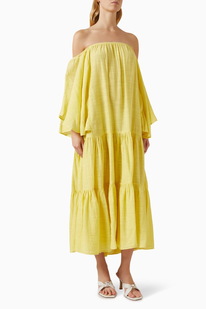 

Off-shoulder Maxi Dress in Cotton Linen-blend, Yellow