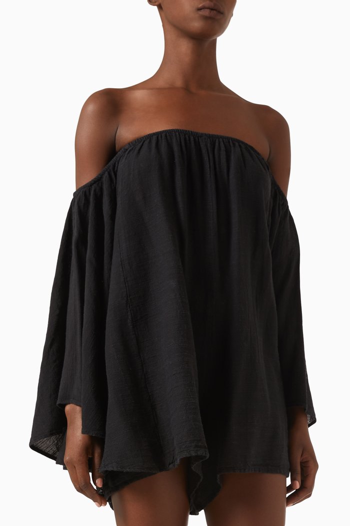 

Off-shoulder Playsuit in Cotton Linen-blend, Black
