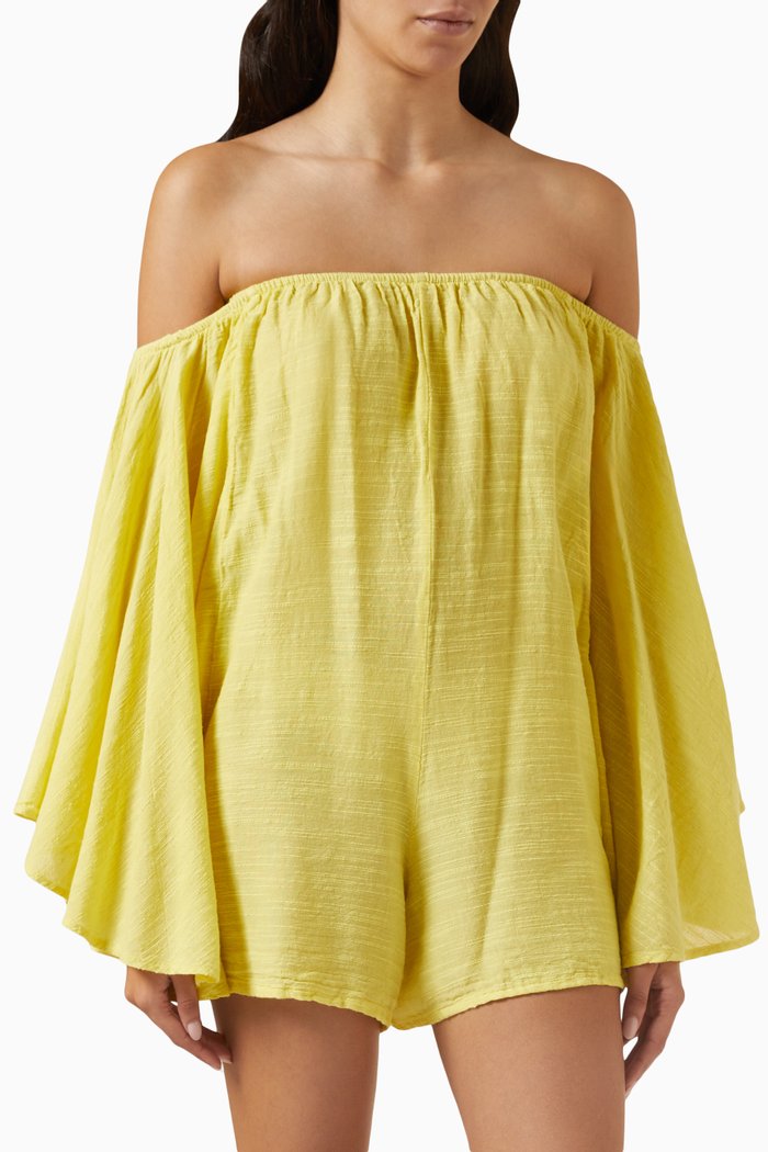 

Off-shoulder Playsuit in Cotton Linen-blend, Yellow
