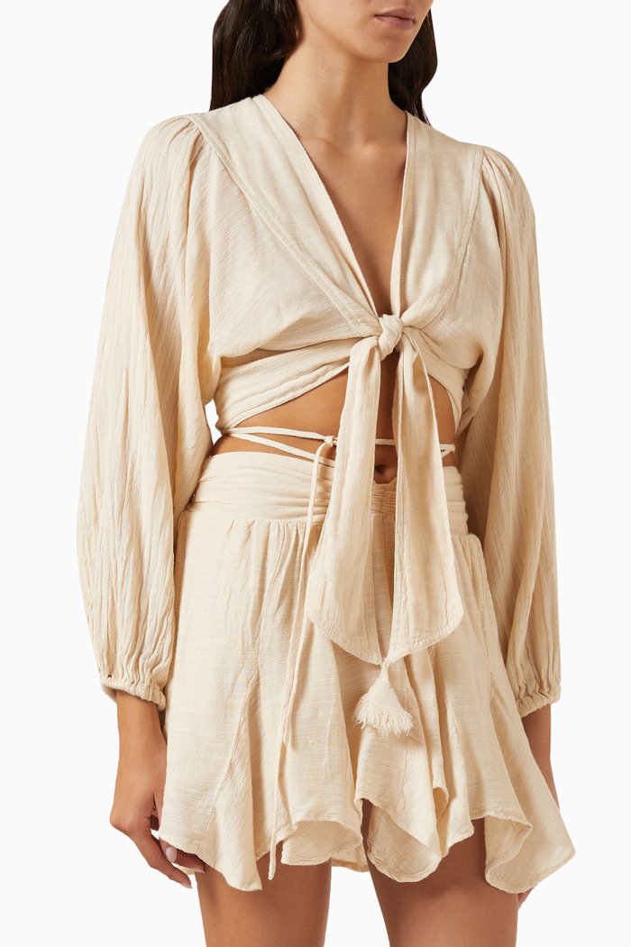 

Self-tie Crop Top in Cotton Linen-blend, Neutral