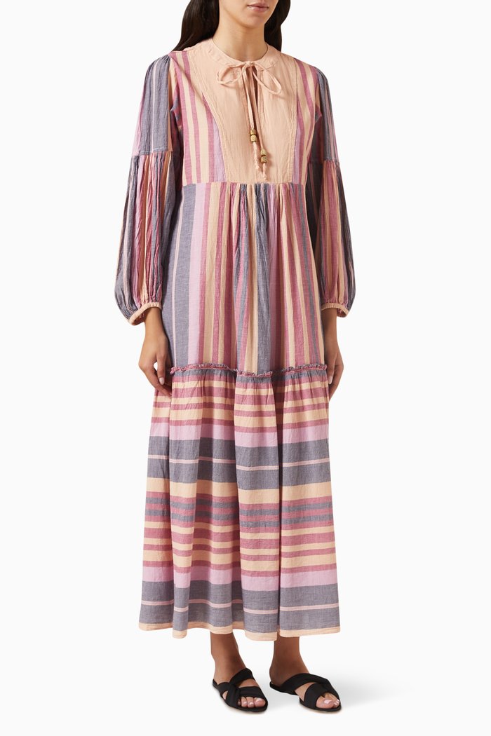 

Striped Maxi Dress in Cotton, Brown