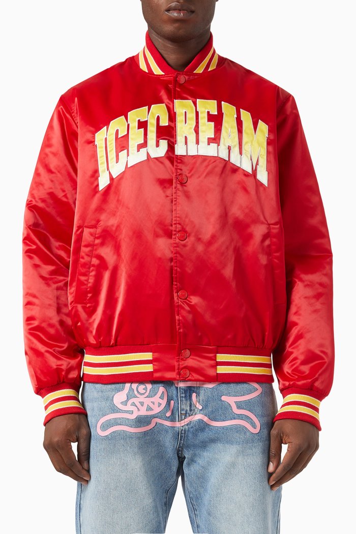 College Logo Bomber Jacket in Satin, Red