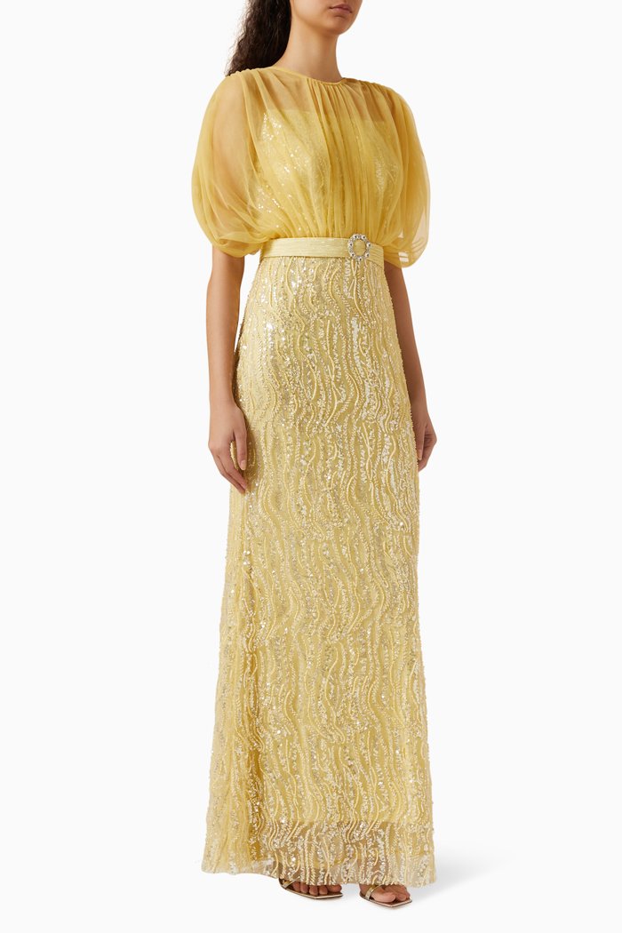 

Sequin-embellished Belted Maxi Dress in Tulle, Yellow
