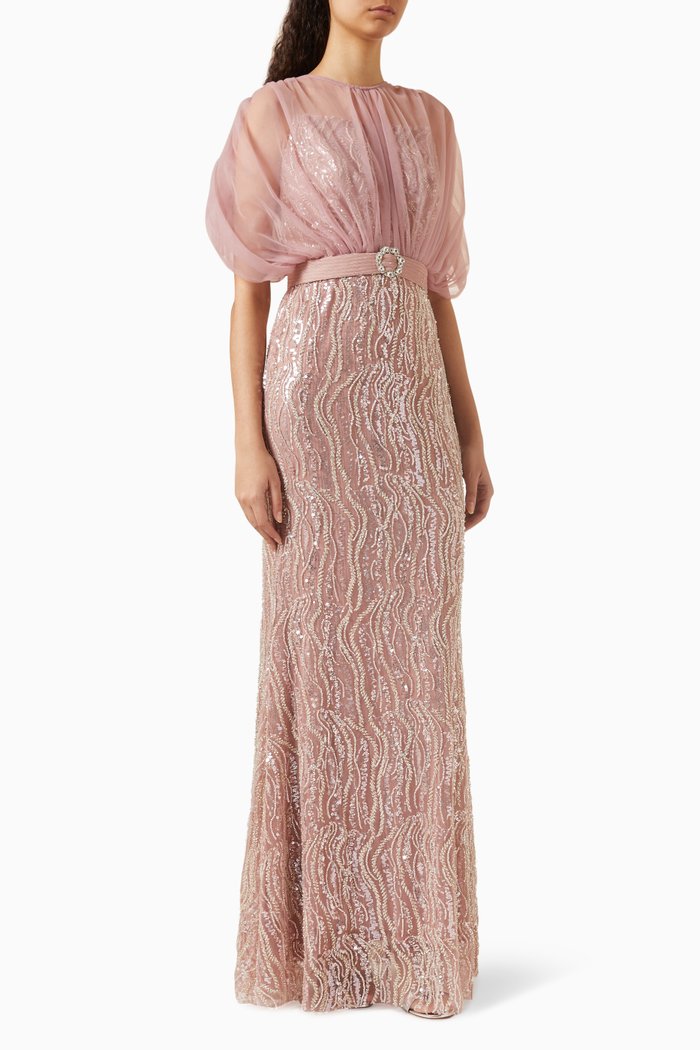 

Sequin-embellished Belted Maxi Dress in Tulle, Pink