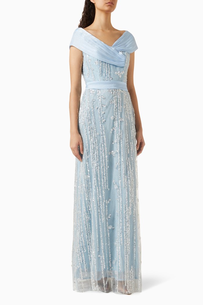 Sequin-embellished Off-shoulder Maxi Dress, Blue