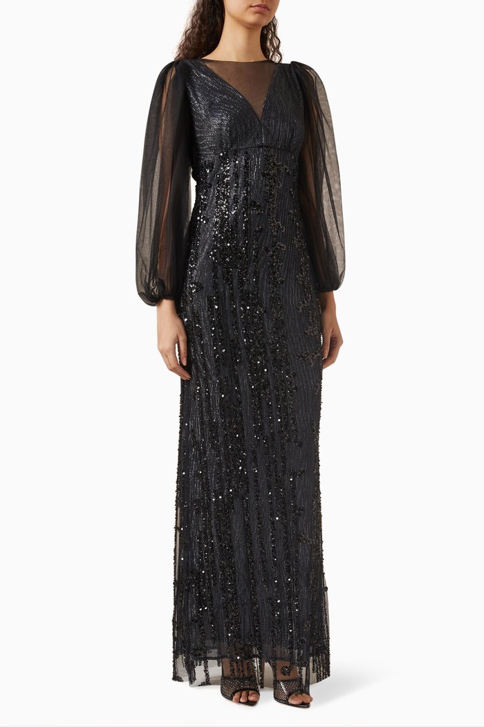 

Sequin-embellished Blouson-sleeves Maxi Dress, Black