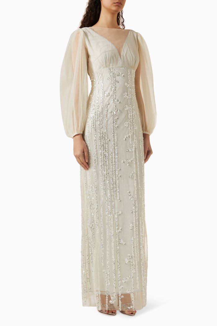 

Sequin-embellished Blouson-sleeves Maxi Dress, Neutral