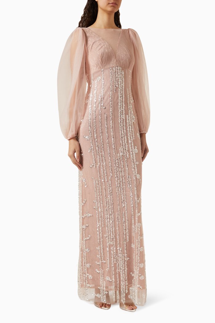 

Sequin-embellished Blouson-sleeves Maxi Dress, Pink