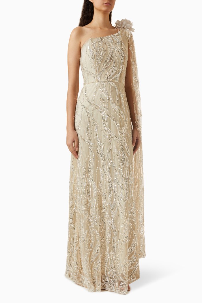 

Sequin-embellished One-shoulder Maxi Dress, Neutral