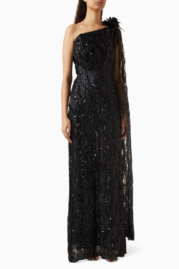 

Sequin-embellished One-shoulder Maxi Dress, Black