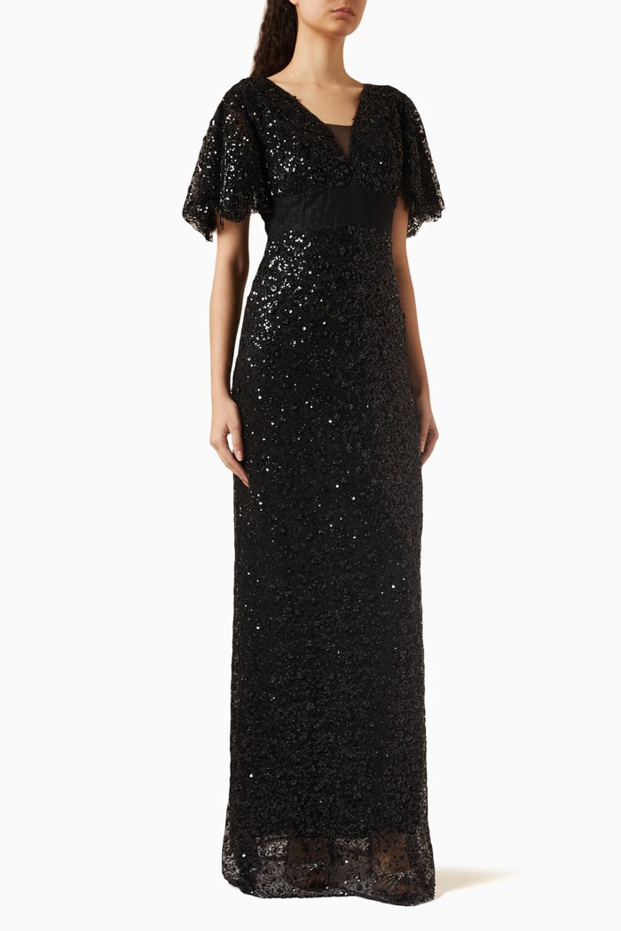 

Sequin-embellished Flared-sleeves Maxi Dress, Black