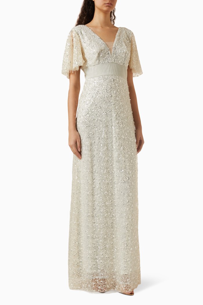 

Sequin-embellished Flared-sleeves Maxi Dress, Neutral