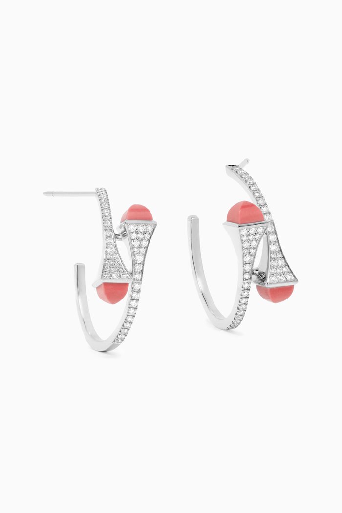 Cleo Diamond & Coral Hoop Earrings in 18kt White Gold, Silver