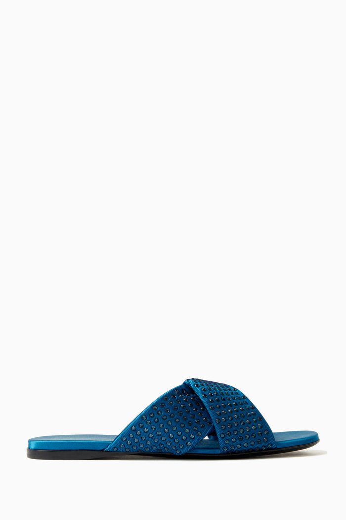 

Rhinestone-embellished Flat Sandals in Leather, Blue