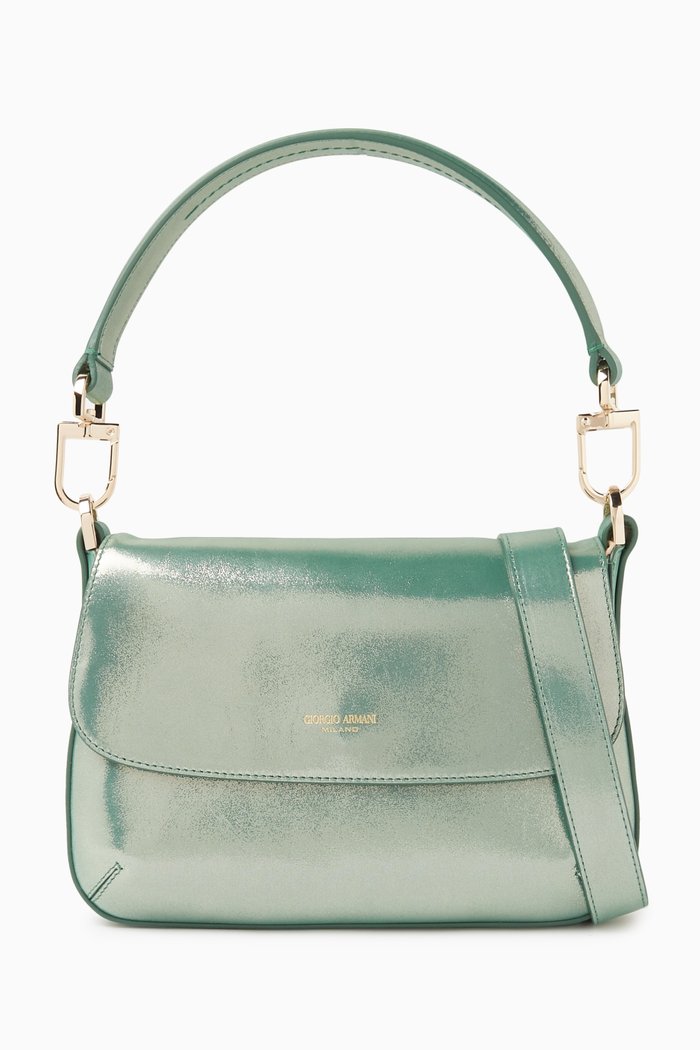 

Small La Prima Baguette Shoulder Bag in Metallic Leather, Green