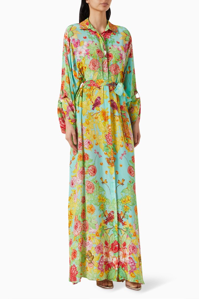 

Printed Maxi Dress in Satin, Green