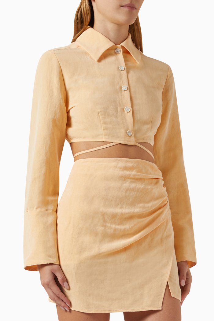 Margo Long Sleeved Cropped Top in Linen, Orange