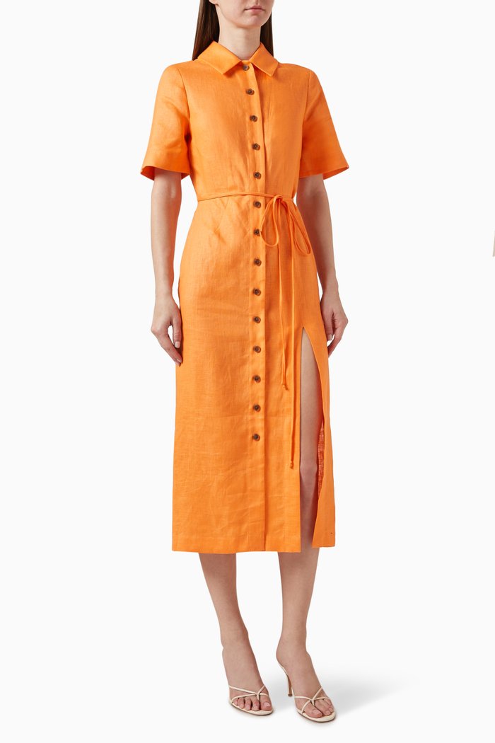 Button-up Midi Shirt Dress in Linen and Viscose, Orange