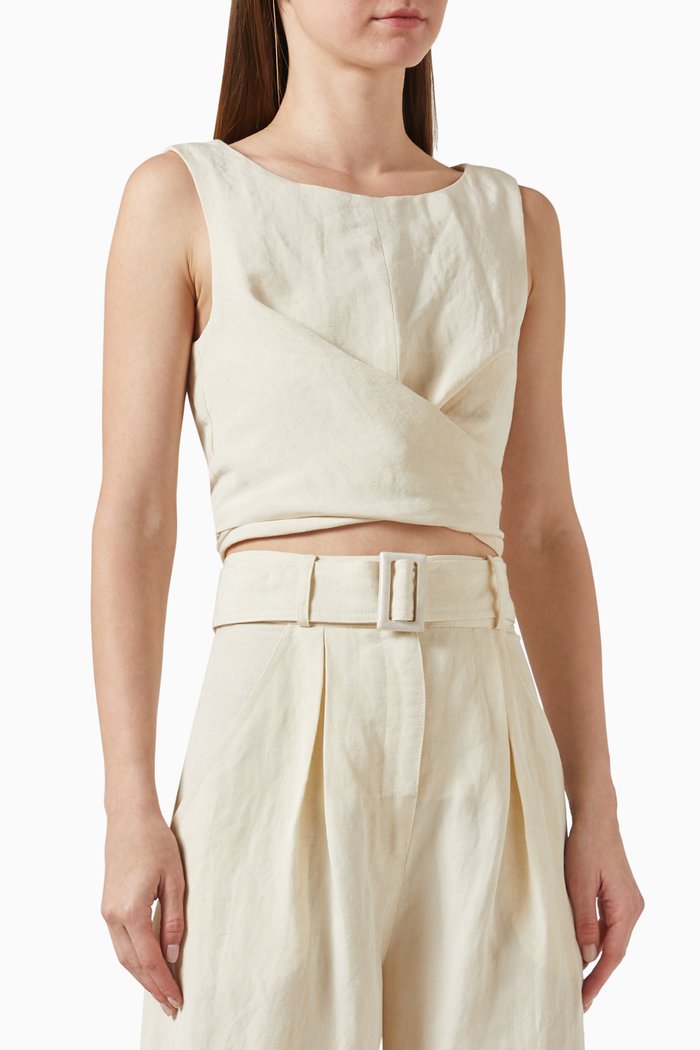 

Boat Neck Sleeveless Wrap Top in Linen & Viscose, Neutral