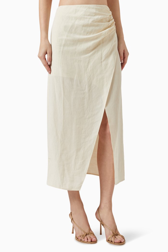 

Wrap Draped Midi Skirt in Linen, Neutral