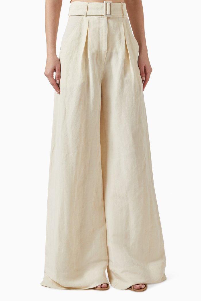 Wide Leg Pleated Pants in Linen-blend, Neutral