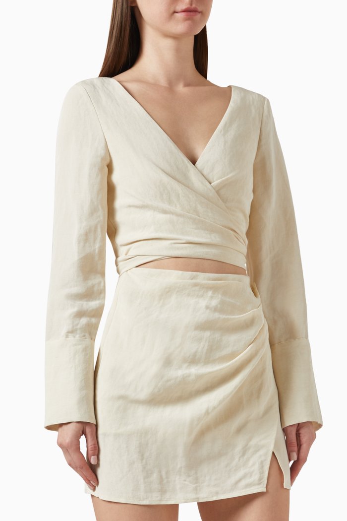 Wrap Long Sleeve Mini Dress in Linen, Neutral