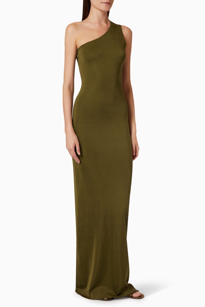 

One-shoulder Maxi Dress in Silk, Green