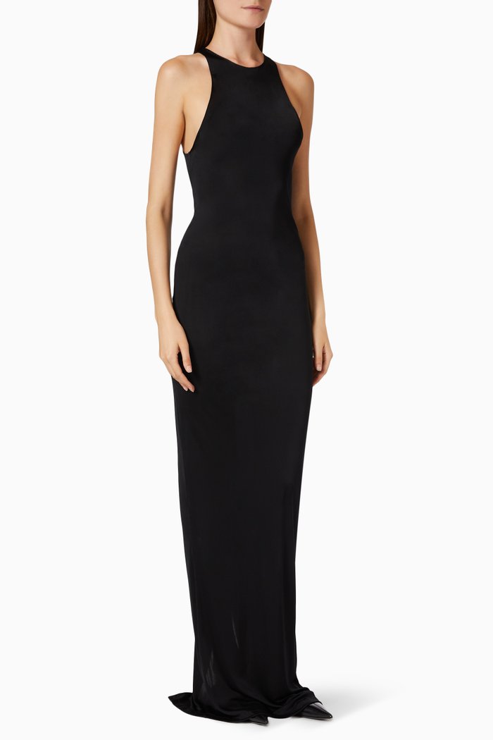 

Racer-front Maxi Dress in Shiny Jersey, Black