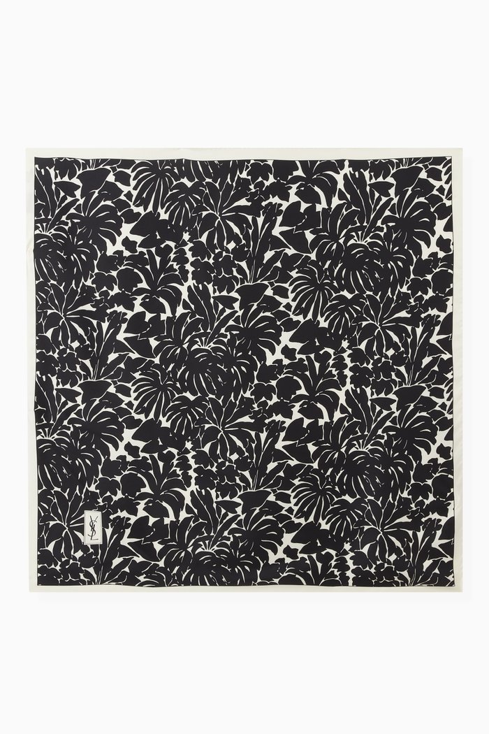 

Square Leaves Print Scarf in Organic Silk, Black