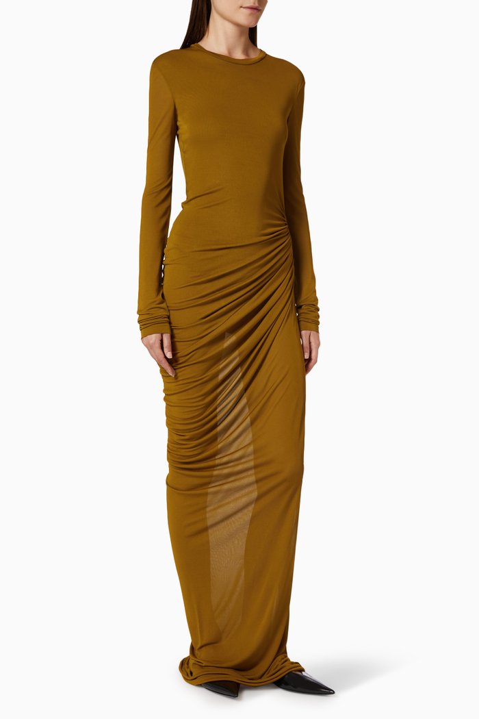 

Semi-sheer Draped Maxi Dress in Jersey Voile, Brown