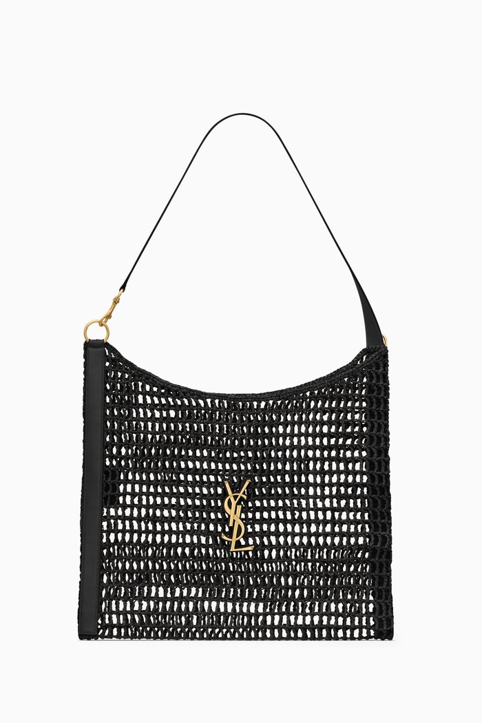 Cassandre Shoulder Bag in Raffia Macramé, Black