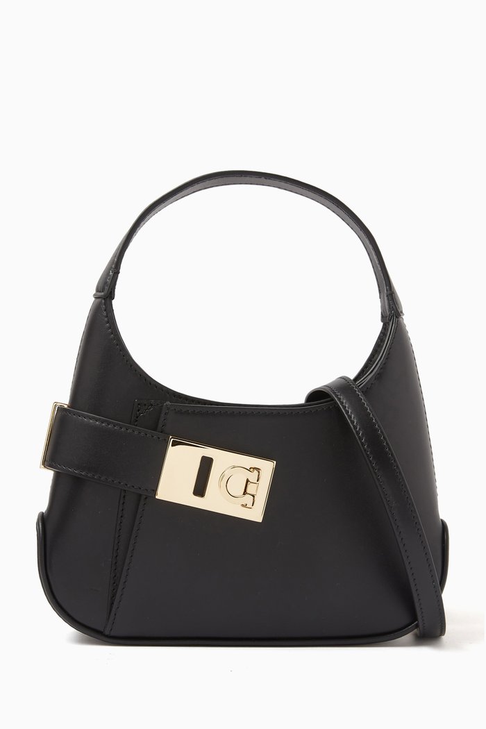 

Mini Hobo Shoulder Bag in Brushed Leather, Black