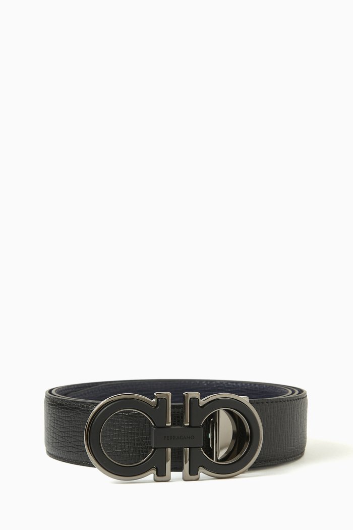 

Gancini Buckle Reversible Belt in Grained Calfskin, Blue
