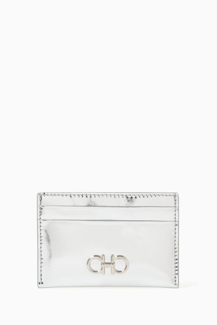 Gancini Card Holder in Hammered Leather, Grey