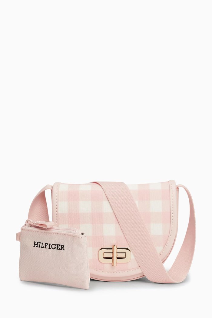

Small Prep Turn Lock Gingham Saddle Bag, White