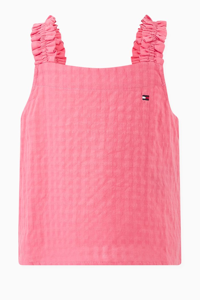 Gingham Strap Tank Top in Cotton Seersucker, Pink