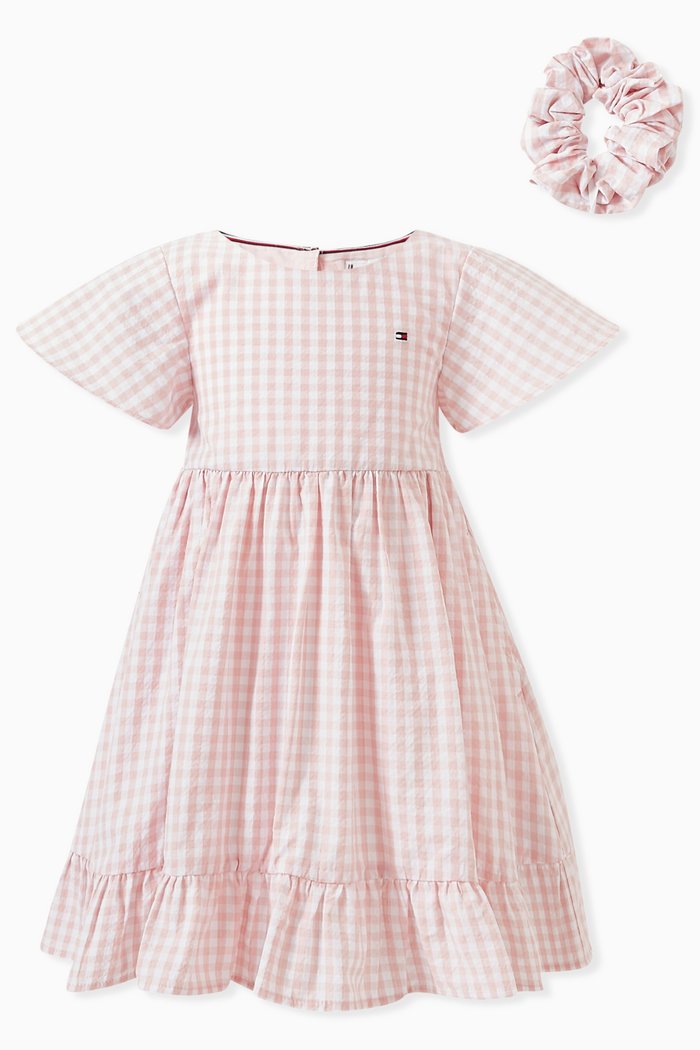 Gingham-check Dress & Scrunchie Set in Cotton, Pink