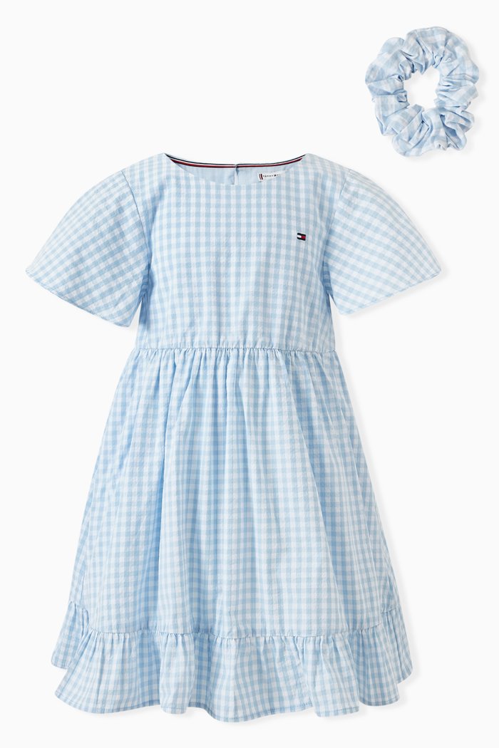

Gingham-check Dress & Scrunchie Set in Cotton, Blue