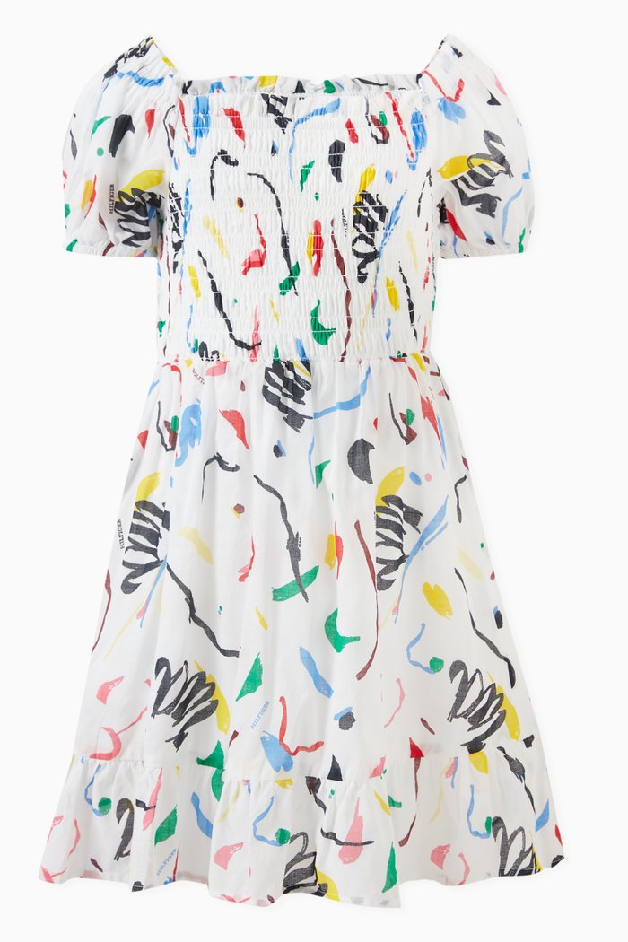 All-over Print Smocked Dress in Organic Cotton, White
