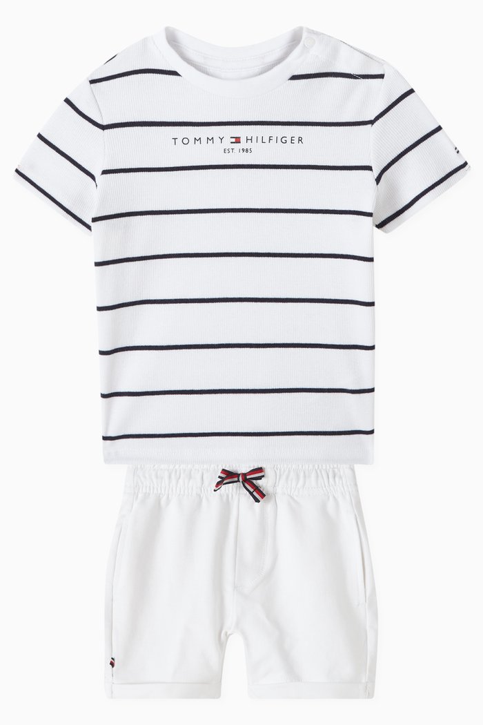 Stripe T-shirt & Shorts Set in Cotton-stretch, White
