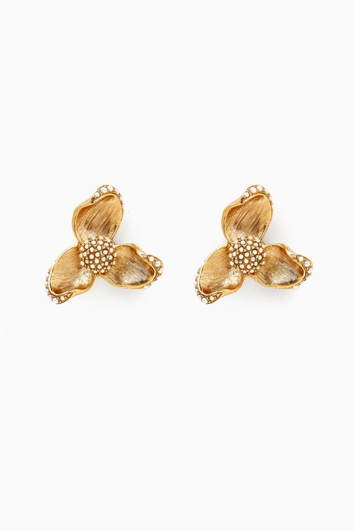 

Tri Leaf Pearl Flower Earrings in Metal, Gold